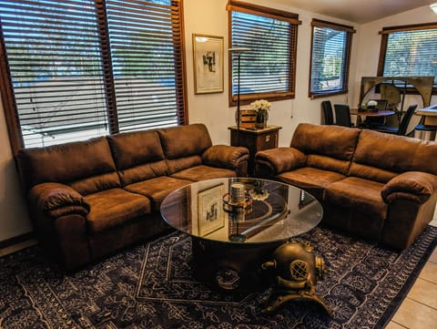 Warm chic and industrial decor creates an inviting place to relax and spend time