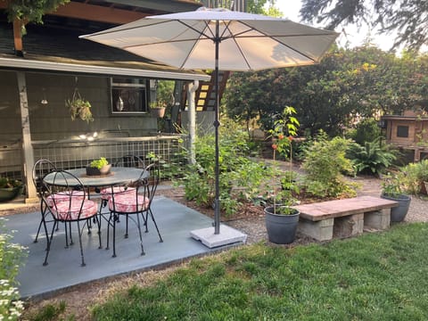 tranquil backyard patio and apartment entrance