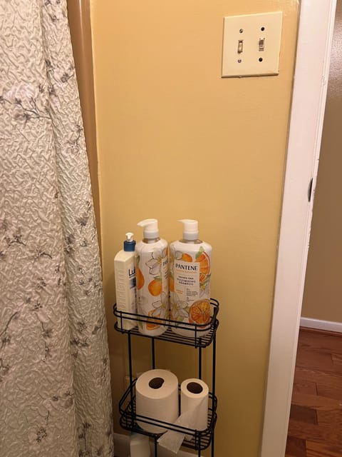 Hair dryer, towels, soap, shampoo