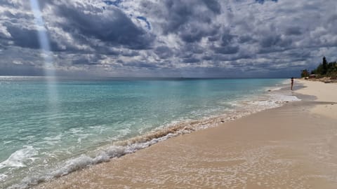 On the beach, sun loungers, beach towels