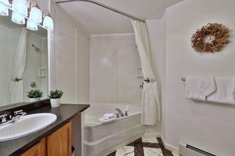 Jetted tub, hair dryer, towels