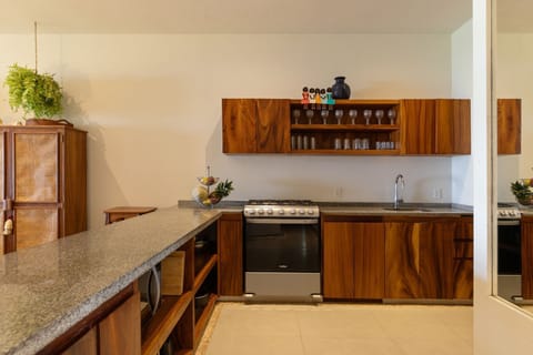 A fully equipped kitchen with sleek countertops, high-end appliances, and elegant wood cabinetry.