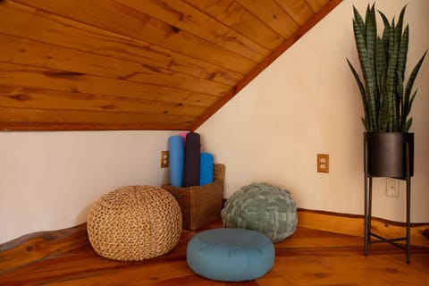 5 yoga mats are provided, as well as yoga blocks and a bolster.