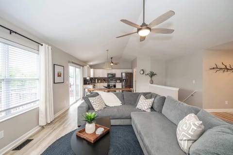 Curl up in the chic living room & enjoy a movie night at home