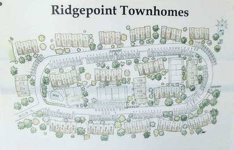 An overhead map of Ridgepoint Townhomes shows units numbered 101 to 213, parking spaces, roads, a pool, office, and dumpsters located at two corners.