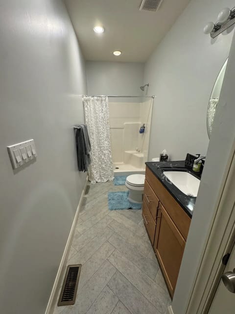 Shower, jetted tub, hair dryer, towels