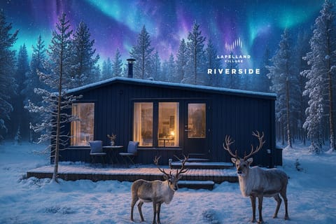 The cabin from the outside in winter.