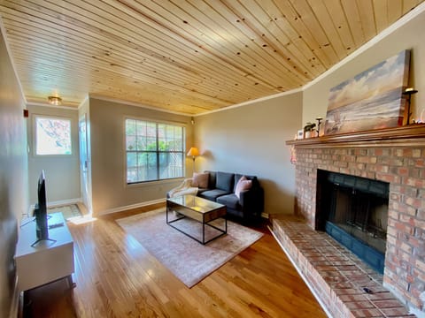 Smart TV, fireplace, books