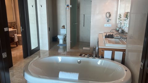 Jetted tub, hair dryer, towels, soap