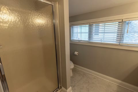 Shower, jetted tub, hair dryer, towels