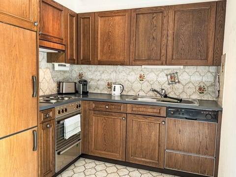 Fridge, oven, dishwasher, cookware/dishes/utensils