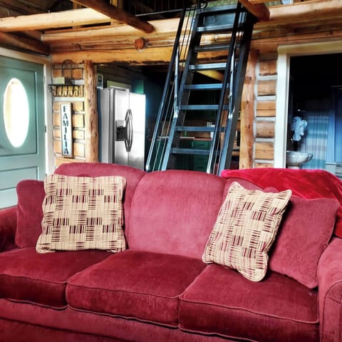 Comfy sofa sleeper couch and ship ladder that leads to loft bedroom