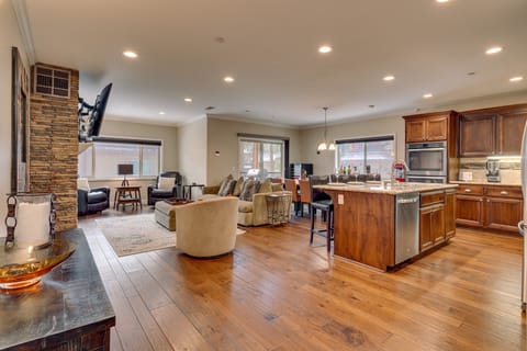 Kitchen, dining, and living area