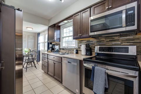 Kitchen with stainless steel appliances and plenty of counter space.