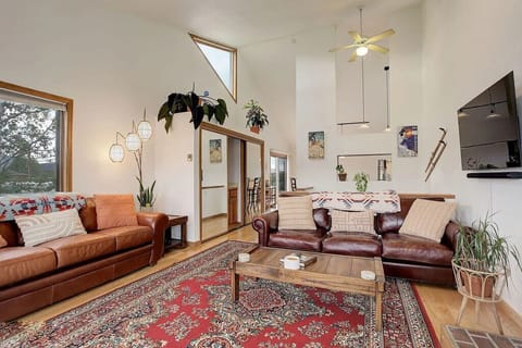 Sink into rich leather sofas surrounded by lush plants and eclectic art in this bright, bohemian living space designed for relaxation.