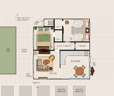 A rough layout of all the areas of the property guests can access, including parking and laundry. 