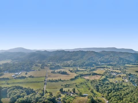 Aerial view showcasing the cabin nestled in Smoky Mountain trees.