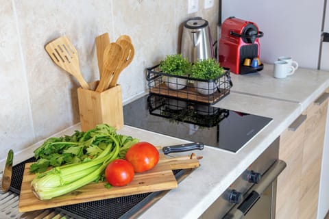 Fridge, oven, stovetop, coffee/tea maker