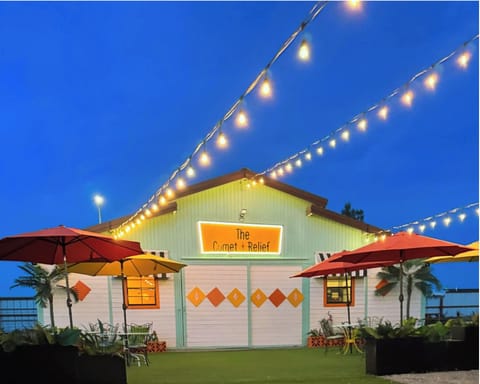The Pool house and arcade is colorful and inviting! 