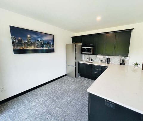 A sleek and modern kitchen equipped with stainless steel appliances, dark cabinetry, and a spacious countertop perfect for meal prep. Complemented by stylish decor, this kitchen is both functional and inviting for your culinary adventures.