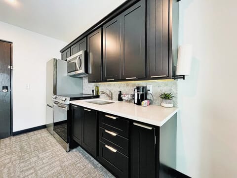 Fully equipped kitchen with elegant black cabinetry, stainless steel appliances, and all essentials provided for a seamless cooking experience.
A modern kitchen equipped with stainless steel appliances, dark cabinetry, and a spacious countertop perfect for meal prep. Complemented by stylish decor, this kitchen is both functional and inviting for your culinary adventures.