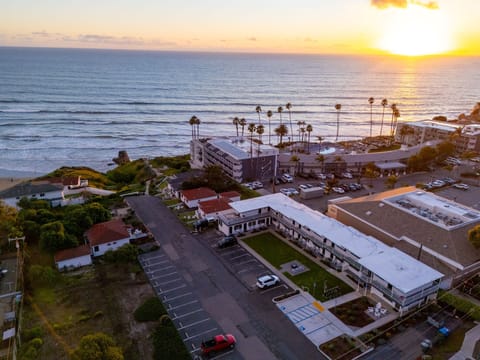 aerial view of the Tides Inn and the ocean
