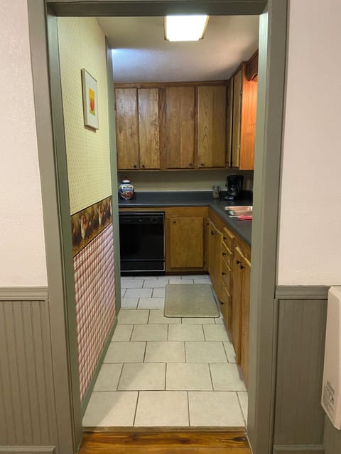 The kitchen view from the living area.