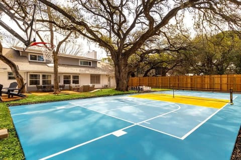 A BRAND NEW regulation size pickleball court with a basketball hoop.