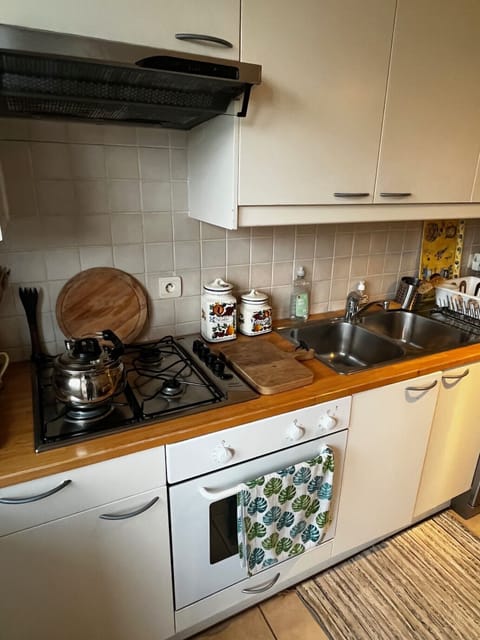 Gas stovetop, stainless sink, dishwaster, fridge and freezer, many cabinets