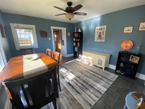 Fun and bright living room with vintage record player