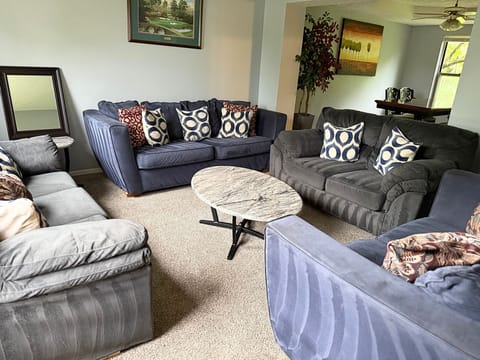 Spacious living room with plenty of seating and a pull-out sofa bed.