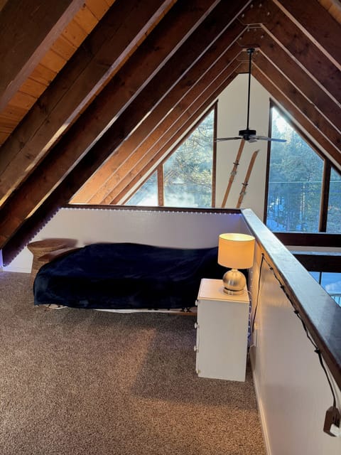 Loft functions as a 4th bedroom with queen sized bed, TV, and games.
