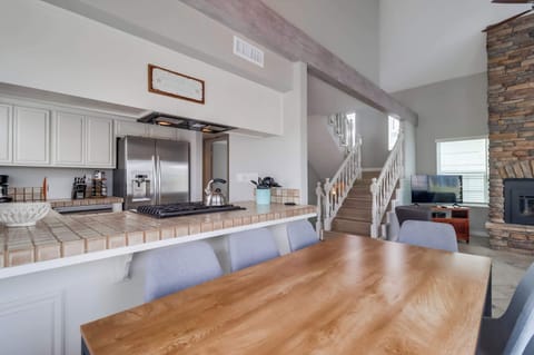 View of the kitchen and living room from the dining area