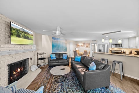 Living area with comfy seating, TV, and gas fireplace 