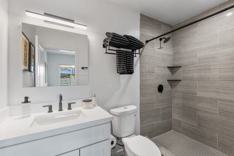 This stunning renovated bathroom boasts a walk-in shower and the vanity with ideal lightning to elevate your morning routines