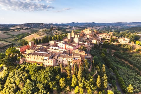 Aerial view of nearby medieval village of Certaldo Alto