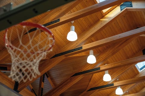 The artful design of the woodwork in the gym contributes to the feeling of opulence, a theme carried throughout the house and pool house.