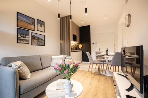 A spacious view from the balcony showcases the entire stylish room with elegant decor and a modern kitchen in the background. A perfect blend of comfort and aesthetics.