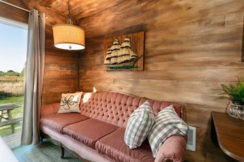 Cozy cabin nook with warm wood accents and comfy seating