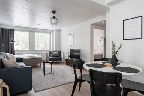 Apartment dining area and living room