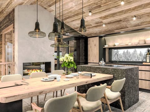 Interior Design, Flooring, Furniture, Wood, Floor, Ceiling, Light Fixture, Wood Flooring, Kitchen & Dining Room Table, Lighting