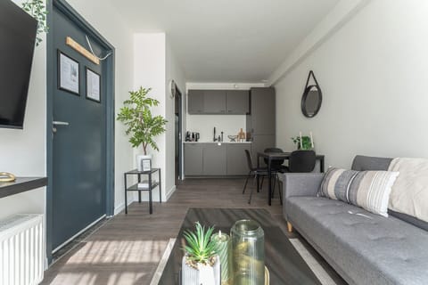 Modern and stylish studio with open kitchen, cozy dining area, and comfortable sofa. Perfect for a relaxed stay with natural light and elegant decor.