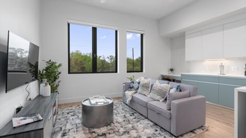 Modern living space with large smart TV