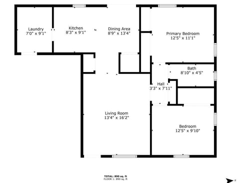 Explore the smart layout of this 890 sq ft home 🏡 Two cozy bedrooms, open living space, and a dedicated laundry room make for comfortable living! 🗺️