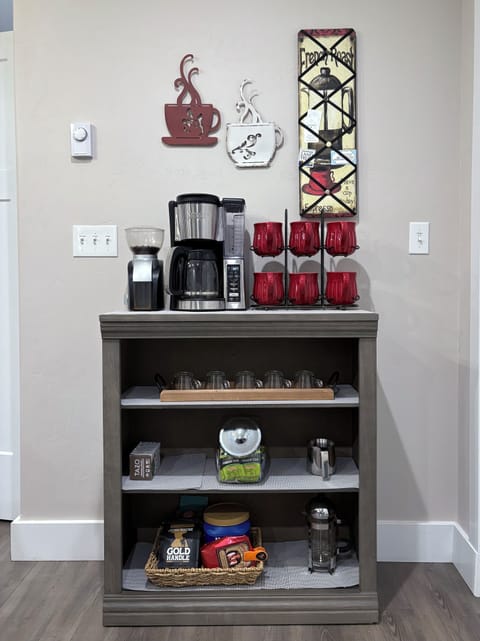 Coffee & tea bar with burr grinder for whole beans.
