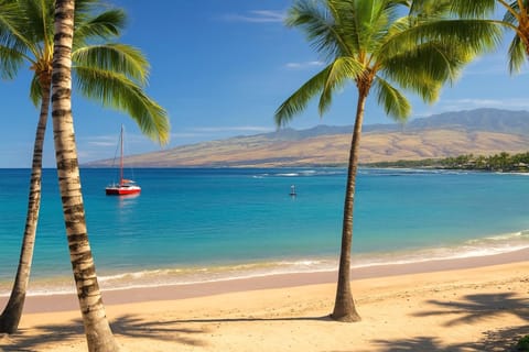 Stunning views of the serene beach in front of Islands at Mauna Lani, just a short walking distance from this condo.