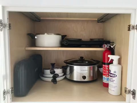 Grill utensils, pots, pans, slow cooker, electric two burner, fire extinguisher