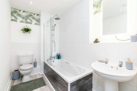 Main Bathroom | Shower Over Bath | Modern Mirror with Built-in Lights