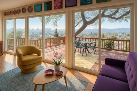View over Hollywood from the colorful second seating area surrounded by Barbara Romains original art.