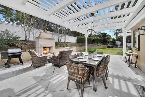 Back yard patio, dining, fireplace and furniture
